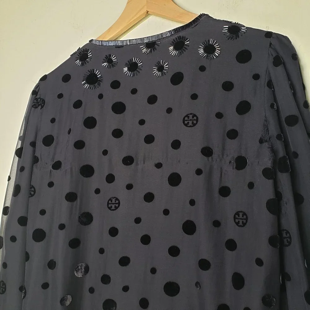 Tory Burch Angela Beaded Velvet Dot Sheer Blouse Long‎ Sleeve Lined 8 - FLAWED